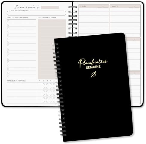 BIROYAL Agenda hebdomadaire non daté - Format A5 - Planning hebdomadaire avec liste de tâches - Large zone de notes - 52 feuilles en français - Couverture rigide