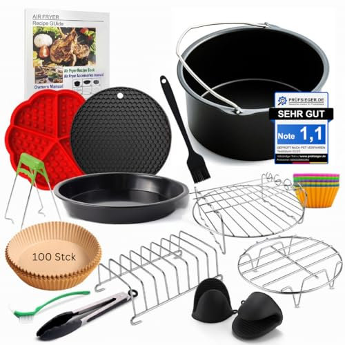 FryChef Heißluftfritteuse Zubehör, Airfryer Zubehör, 18 Teile Set. Mit Backform, 100 x Backpapier, Ölsprüher u.v.m. Passend für Philips 7,3L, COSORI 4,7L, Ninja Foodi. Rund ab 20 cm