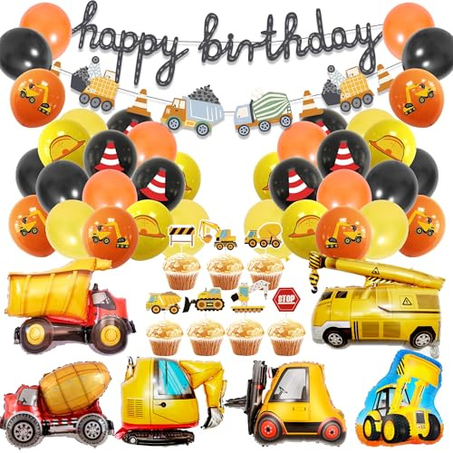 Kinder Bagger Geburtstag Deko Luftballons - 44 Stück Happy Birthday Banner Technisches Fahrzeug Zement Lkw Gabelstapler Bagger Für Dekoration Zum Kindergeburtstag Baustelle Thema Babyparty Dekor