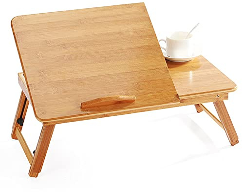Vikbart sängbord, litet bord för bärbar dator i bambu lutningsvinkel, frukostbricka, sängbord med liten låda, 66 x 35 x 30 cm (B)