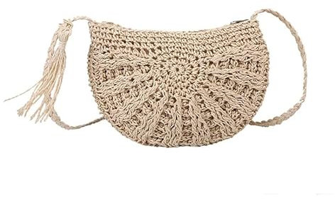 Strohtasche Halbrunde Umhängetasche aus Rattan, gewebte Strohtasche, modische Sommertasche for Damen, Messenger-Umhängetasche for Mädchen, kleine Strandhandtasche Runde Strohtasche(White)