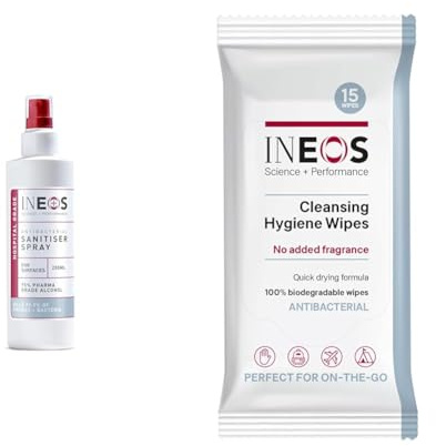 INEOS - Sanitiser Spray (250 ml) - Antibacterial Hand Sanitiser - 75% Pharma Grade Alcohol Based - Hospital Formula + Cleansing Hygiene Wipes x15, Packaging May Vary