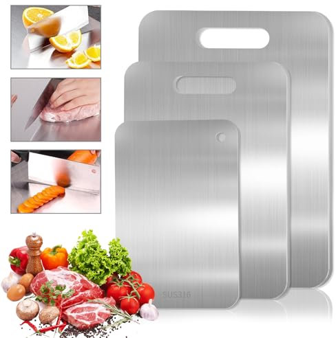 3 Stück Titan Schneidebrett, S316 Edelstahl Titanium Cutting Board BPA-frei Doppelseitiges Lebensmittel Grade Schneidbretter für Fleisch Brot Gemüse Obst (29x20cm, 34x23cm, 39x28cm, Upgrade 2025)