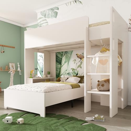 Etagenbett 90x200 für 2 Kinder, Kinderbett Hochbett mit Schreibtisch, Kleiderschrank und Stauschrank, Funktionsbett Doppelbett Stockbett Kinderhochbett Jugendbett mit Lattenrost, Ohne Matratze, Weiß