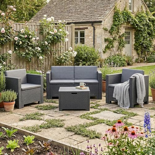 Dmora - Loungeset für draußen Kuiper, Outdoor-Lounge mit Couchtisch, Terrassenset mit Kissen, Gartenkomposition mit Sofa und Sesseln, Made in Italy, Anthrazit