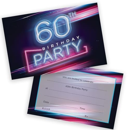 Party-Einladungen zum 60. Geburtstag, für Männer und Frauen, Disco-Neonlichter, 20 Stück, für Erwachsene, Geburtstagseinladungen für Freunde, Familie, A6, Geburtstagsparty, Einladungskarten mit