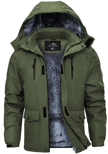 Tansozer Blouson Ski Homme Hiver Imperméable Exterieur Thermique Fourrure Polaire Capuche, Vert Armée, M