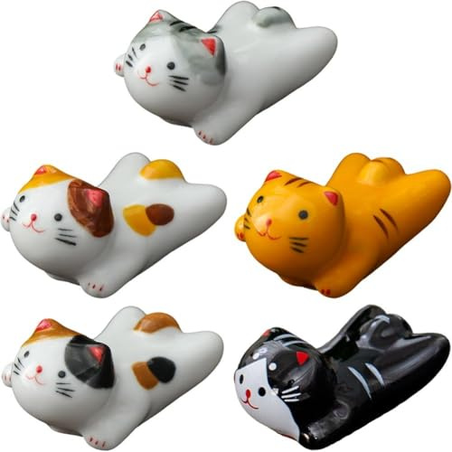Fituenly Lot De 5 Repose-Baguettes en Céramique en Forme De Chat Porte-Bonheur, Style Japonais, pour Cuillère, Fourchette, Couteau, Vaisselle, Décoration D'intérieur