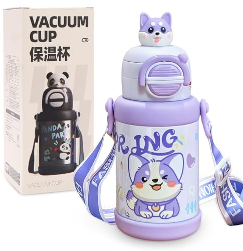 Cartoon Trinkflasche Kinder, Edelstahl Thermosflasche 500ml Hündchen Kinderflasche mit Strohhalm, Auslaufsicher Wasserflasche Perfekt für Kinder, Schule, Kindergarten, Sport