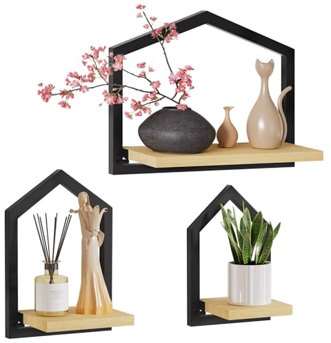 Yorbay Modern Wandregal Holz Metall: 3er Set Schweberegal für Wohnzimmer | Wanddeko Regale für Bilderrahmen Dekorationen - Regalbrett für Schlafzimmer Badezimmer Arbeitszimmer - Einfache Installation