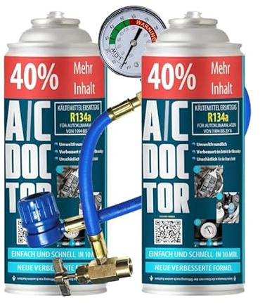 A/C Doctor Kit de Recarga Gas Aire Acondicionado Coche, Sustituto R-134a, 2 Botes con Manguera de Carga y Manómetro, para Vehículos 1995-2016