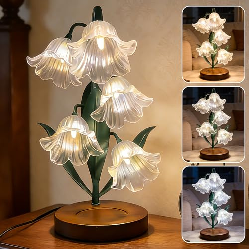 Blume Tischlampe, 5 Lilien Nachttischlampe, Vintage Grüne Blume Tischlampen, 3 Farbmodi Leselampe LED-Lampe Nachttischlampe Tischlampe für Wohnzimmer, Büro, Schlafzimmer, Wohnkultur (Dunkelgrün)