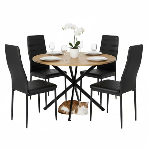Songvas Conjunto Mesa Y Sillas Comedor, Mesa y Sillas de Comedor, Mesa Comedor Redonda 100×100×75 cm con 4 Sillas Acolchadas 42×38,5×98 cm, Adecuado para Cocina, Salón, Cafetería Y Balcón