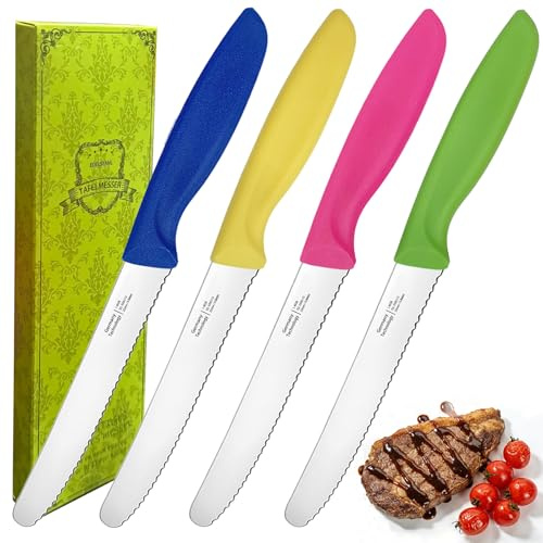 ViYiosew Frühstücksmesser Wellenschliff, Brötchenmesser, Tomatenmesser, Tafelmesser & Steakmesser 4-teilig, Universalmesser für Küche und Brotzeit, angespritzte Griffe, spülmaschinenfest(Mehrfarbig)