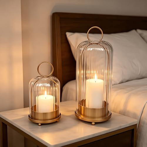 Set of 2 Gold Hurricane Candle Holders, Glass Cloche Lantern with Metal Frame, Decorative Candle Lanterns for Home Decor, Living Room, Wedding & Christmas Centrepieces (Ribbed Glass)