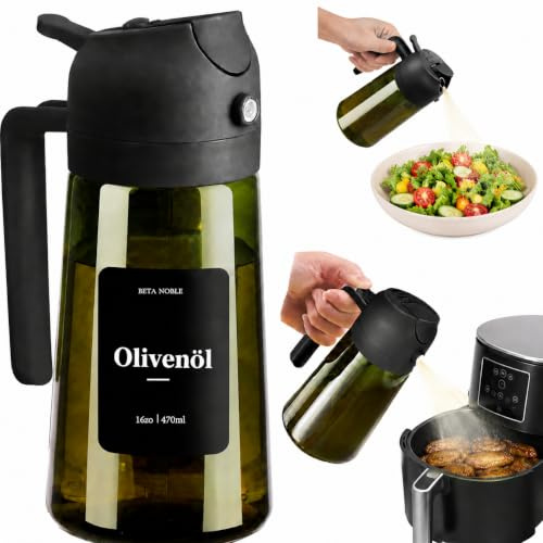 BETA NOBLE Ölsprüher zum Kochen,2 in 1 Öl Sprühflasche, 470ml Glas-ölspray für airfryer zum Kochen mit Aufklebern, lebensmittelechte Premium-Sprühflasche für Salate, Braten, Grillen (Schwarz)
