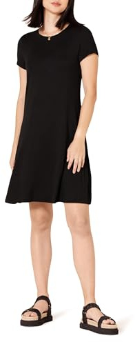 Amazon Essentials Vestido con Vuelo de Manga Corta y Cuello Redondo y Amplio (Disponible en Tallas Grandes) Mujer, Negro, L