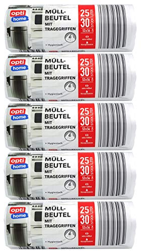 opti Home Müllbeutel mit Griff, 25 Liter, 30 Stück pro Rolle, transparent (5er Pack)
