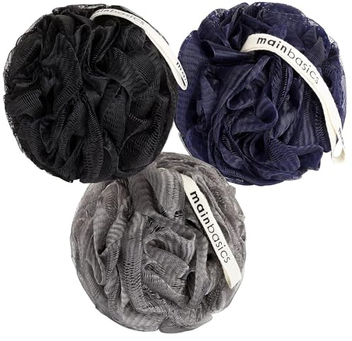 MainBasics Bath Shower Loofah Sponge Pouf Body Scrubber Exfoliator Body Wash Sponge (Set of 3, Black Ice)