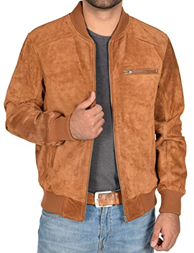 A1 Fashion Goods Chaqueta Bomber de Ante Real para Hombre, Ajustada, Colores Clásicos: Negro, Marrón, Azul Marino, Canela, Talla M