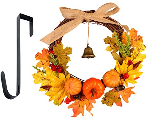 Warmiehomy 30cm Halloween Autumn Wreath with Hanger & LED Light | Front Door Fall Wreath Autumn Decorations with Pumpkins Pine Cones Maple Leaves Bells for Harvest Thanksgiving Christmas