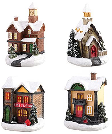 SOLUSTRE LED Weihnachtshaus Beleuchtet Weihnachtsdorf Weihnachtsstadt: 4 Stücke Harz Häuser Winterdorf mit Beleuchtung Schnee Miniatur Haus Weihnachten Dekoration Moos Winter Xmas Deko Kinder