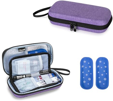 BAFASO Borsa per Diabetici con 2 Impacchi di Ghiaccio, Viola | Custodia per Insulina Rigida, Custodia da Viaggio per Insulina