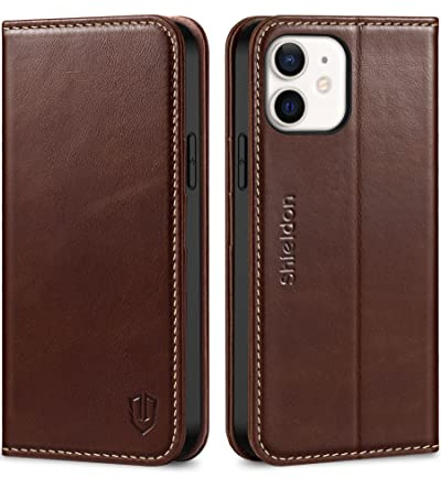 SHIELDON äkta läder skyddsfodral för iPhone 12/iPhone 12 Pro 6,1 tum, retro kaffe