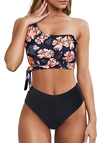 Wantonfy Una Spalla Bikini Donna Costumi da Bagno Costume Set di Due Pezzi Vita Alta Swimsuit