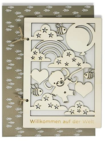Woodland Mail Glückwunschkarte zur Geburt aus Holz mit Kraftpapier Umschlag - Willkommen auf der Welt (Elefant)