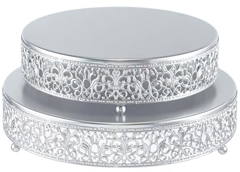 FEICTPOX Round Cake Stand Set of 2 Metal Cupcake Stands Dessert Display Plate for Wedding Party Birthday,Matte Silver