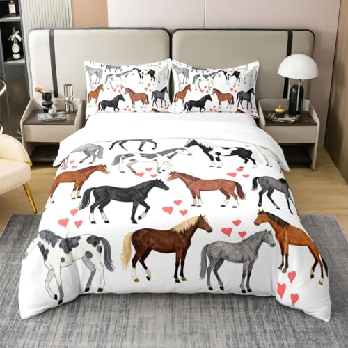 100 Percent Cotton Horse Bedding Set Twin Farm Duvet Cover Kids Boys Girls Teens Cute Animal Comforter Cover Cartoon Horses With Pink Lover Heart Decor Kawaii Quilt Cover Cowboy Cowgirls Duvet Cover