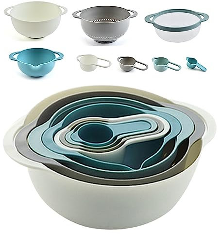 Lot de 8 bol et mélangeur antidérapants, 2 mélangeurs, 1 passoire en filet, 4 gobelets doseurs, 1 passoire, bols empilables, lot gobelets doseurs, multifonctions