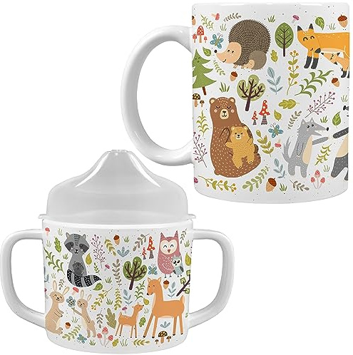 Mama and Mini Cups - Mommy & Me Mug Sets - 1 Ceramic Mama Mug & 1 Melamine Mini Mug with Removable Clear Lid - BPA Free, Top Shelf Dishwasher Safe Mommy and Me Cups - Woodland Critters, Camp Casual