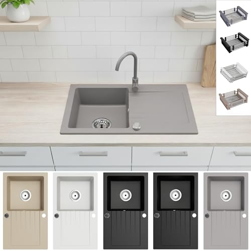 Faizee Möbel Granitspüle 76x44 Hochwertig beidseitig Montierbar Küchenspüle Granit inkl.Siphon Set (Mit Armatur & Spülkorb, Grau)