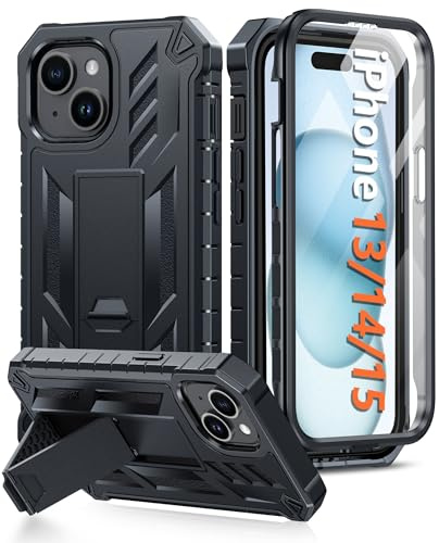 FNTCASE for iPhone 15/14/13 Case Built-in Screen Protector and Kickstand | 20FT Military-Grade Drop Protection, Anti-Slip Matte Textured, Rugged Heavy Duty Shockproof TPU Protective Cover, Black