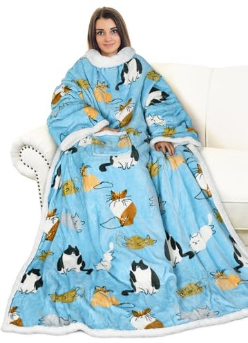Catalonia Classy Decke mit Ärmeln als Geschenk für Frauen Herren, Flauschig Sherpa Kuscheldecke mit Ärmel, Cozy Ärmeldecke Warm Decke zum Anziehen Erwachsene, 185 x 140 cm Katze Blau