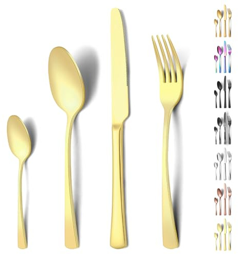 Funnydin Juego de cubiertos de 24 piezas, cubiertos de acero inoxidable, cuberterias completas 6 personas con tenedor, cuchillo, cucharilla, apto para lavavajillas, look champán elegante