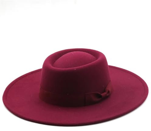 Damenhut mit breiter Krempe, einfarbig, flache Oberseite, Bootsfahrer, Wolle, Fedora-Filzhüte mit Schleife, Vintage-Stil, Kirche, Hochzeit, Panama-Mütze, Weinrot, Einheitsgr��e