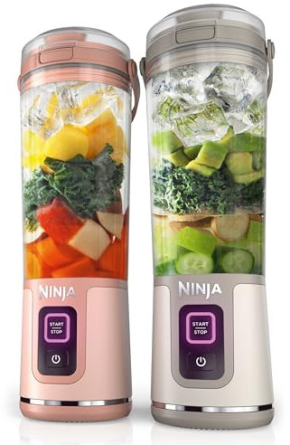 Ninja BC155PS Blast Two-Pack Portable Blender, Cordless, 18oz. Vessel, Personal Blender for Shakes & Smoothies, Leakproof Lid & Sip Spout, USB-C Cord, Dishwasher Safe Parts, BPA Free, Peach & Stone