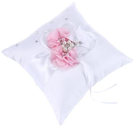 PLAFOPE Wedding Ring Bearer Pillow Embellished with Pearl Flower Ribbon Decor Soft Cushion for Ceremony 7.87 Inch Compact Size Lightweight Carry