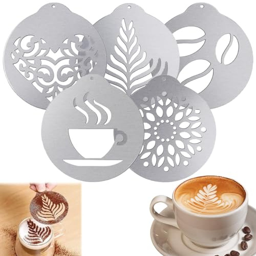 Aililong Juego de 5 plantillas de café de acero inoxidable para capuchino, plantilla de espuma de leche, accesorio de café, perfecto para plantillas de arte DIY y más