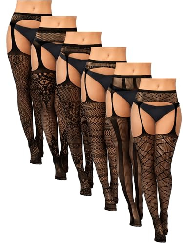 Jadive 6 Pairs Women Plus Size Fishnet Thigh High Stockings Suspender Garter Belt Lingerie Pantyhose Tights(Black,Xl-xxxxl,Fishnet)