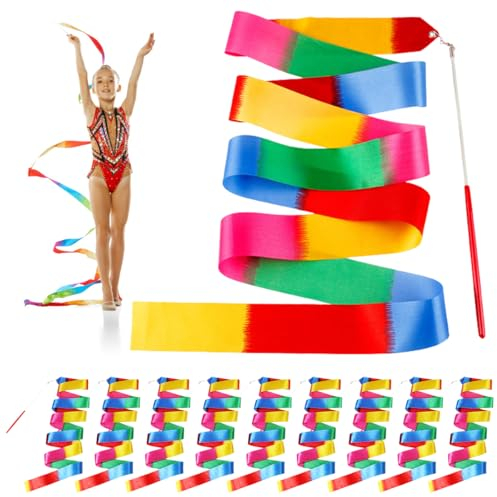 10 Stück Tanzband, Tanzband mit Stab Kinder, 2M Gymnastikband mit Stab, Rhythmische Sportgymnastik Band, Kinder Tanzen Streamer, Mehrfarbig Gymnastikband Tanzband, Kinder-Kunstturnen-Tanz-Workout