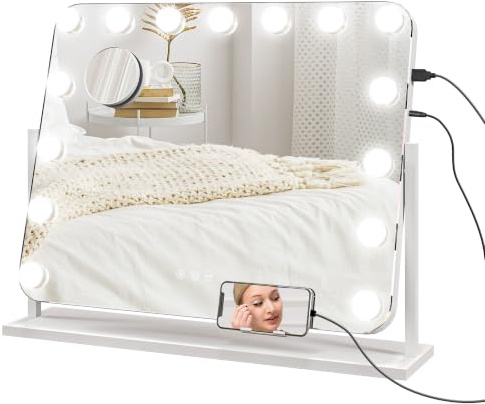 HOMCOM Hollywood Vanity Mirror with Lights Lighted Makeup Mirror 63x50 cm | 10X Magnifying, USB Charging Port, Phone Holder, 360° Rotation, Touch Screen, 3 Colour, 14 LED Bulbs