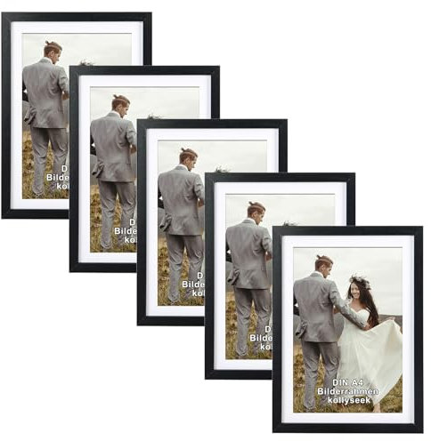 kollyseek set de 5 marcos de fotos DIN A4 (21 x 29,7 cm) de MDF y cristal acrílico marco de fotos negro de madera, para colgar y montar, salón de pie y colgar, marco decorativo negro