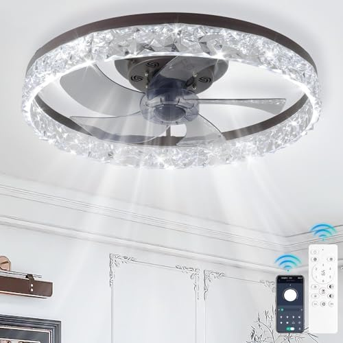 Finktonglan Ventilateur de plafond moderne LED avec lumière, 50 cm, 6 vitesses, moteur réversible silencieux, télécommande & APP, couleur Café Doré