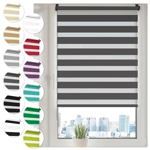 Doppelrollo Klemmfix ohne Bohren 90cm x 130cm Anthrazit Duo Rollo Klemmrollo Sonnenschutzrollo Fensterrollo für Fenster & Türen Zebrarollo Seitenzugrollo