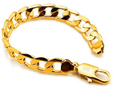 Dankadi - Pulsera cubana maciza, 10 mm, 12 mm, plata 925, para hombre, de 7 a 10 pulgadas, cadena de malla grande, con cierre de dragón, eslabón dorado, punk Hip Pop Miami
