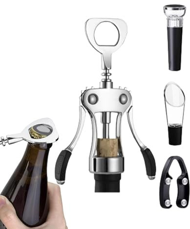 Kit apribottiglie per vino, set apribottiglie professionale, set di apri robusti in lega di zinco 4 pezzi, con tappo per vino, versatore per vino, tagliafogli di alluminio, aprivino e
